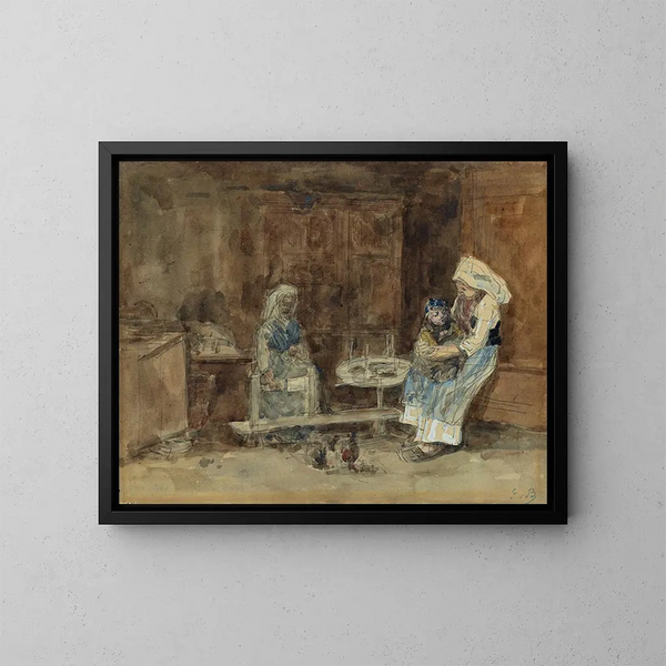 Bretonin sisämaalaus, äitiys - Eugène Boudin — kehystetty taideteos seinällä