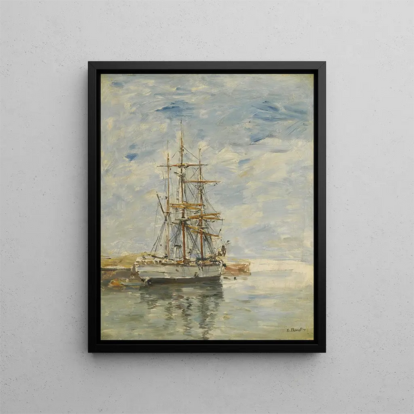 Kolmimastovene ankkurissa - Eugène Boudin — kehystetty taideteos seinällä