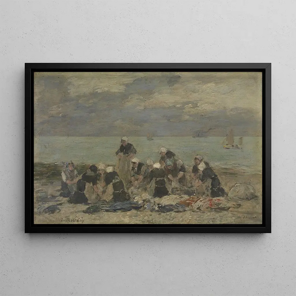 Naisten pesemässä pyykkiä Étretatissa - Eugène Boudin — kehystetty taideteos seinällä