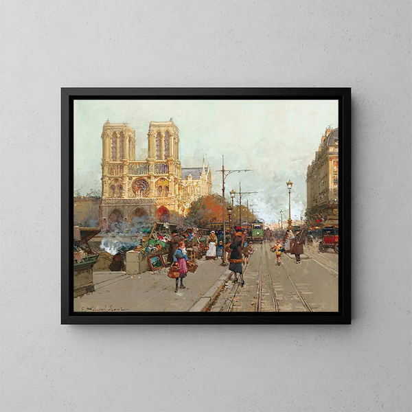 Notre-Dame de Paris -näyttävä maalaus Montebello-laiturilta - Eugène Galien-Laloue — kehystetty taideteos seinällä