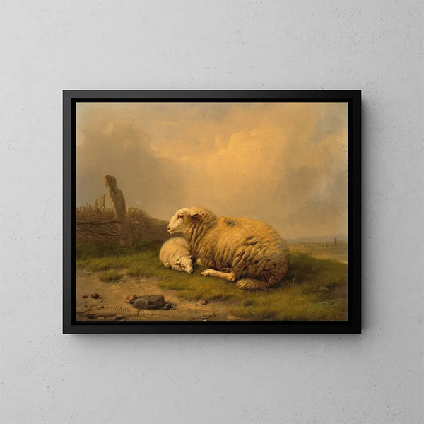 Un mouton et un agneau au repos - Eugène Joseph Verboeckhoven — kehystetty taideteos seinällä