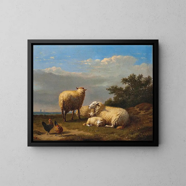 Moutons et volailles dans le pâturage - Eugène Joseph Verboeckhoven — kehystetty taideteos seinällä