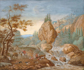 FC van Bracht - Mountain Landscape with a Hunting Party in the Foreground.webp