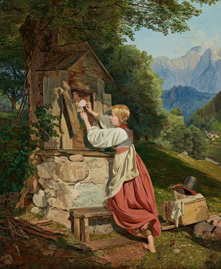 Ferdinand Georg Waldmller - Ein Mdchen schmckt die Mutter Gottes mit einer Rose.webp