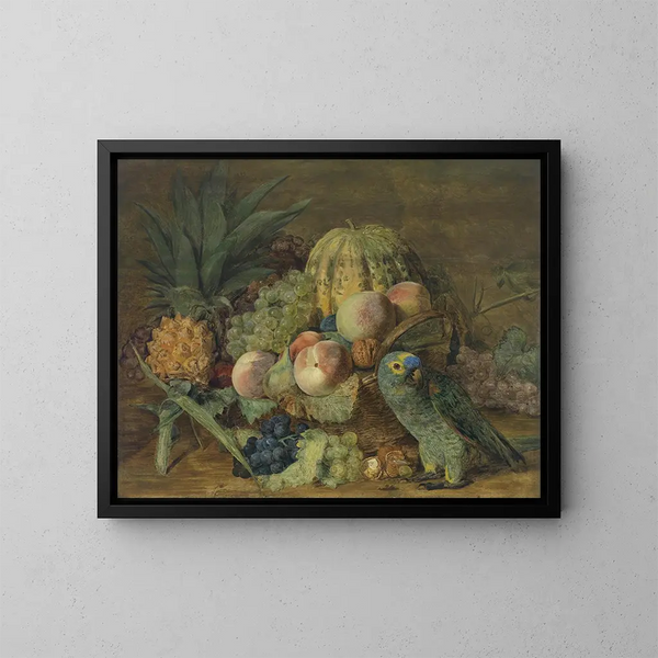 Luontoaiheinen still life papukaijan kanssa - Ferdinand Georg Waldmüller — kehystetty taideteos seinällä