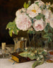 Ruusujen still life lasissa ruusujen, kynttilänjalan ja hopeisen kulhon kanssa - Ferdinand Georg Waldmüller — näkymä teoksesta