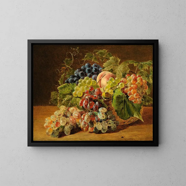 Luontoaiheinen still life persikoilla ja viinirypäleillä - Ferdinand Georg Waldmüller — kehystetty taideteos seinällä