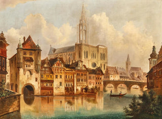 Ferdinand Lepie - A scene on a canal near Strasbourg Cathedral.webp