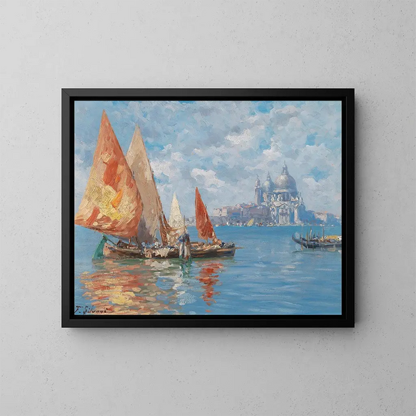 Bateaux de pêche à Venise devant Santa Maria della Salute - Ferdinando Silvani — kehystetty taideteos seinällä