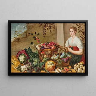 Flemish School - A Young Woman Next To A Table With Fruit In Baskets And Vegetables.webp