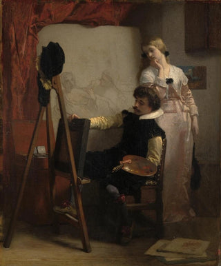 Florent Willems - Een schilder voor zijn ezel toont een schilderij aan een meisje.webp