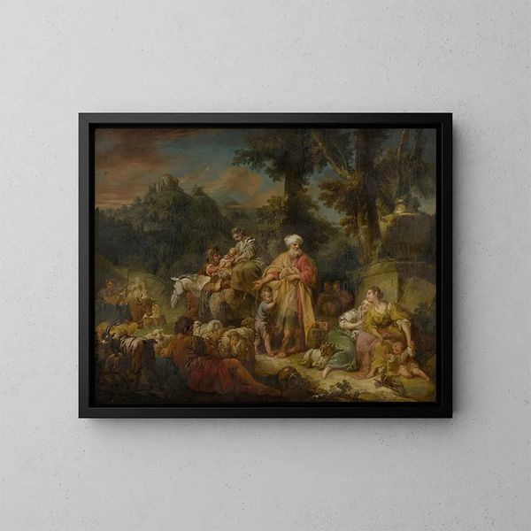 Jacob ja hänen perheensä matkalla Egyptiin - François Boucherin koulu — kehystetty taideteos seinällä