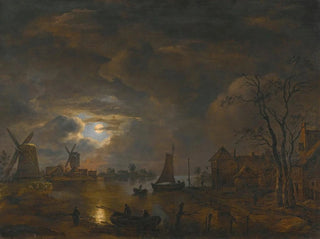 Follower of Aert van der Neer - A Moonlight Landscape With Windmills Along The Banks Of A River.webp