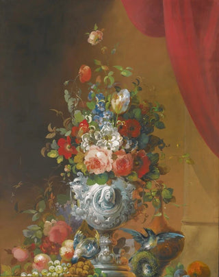 Follower of Anne VallayerCoster - Still Life With Flowers In An Urn Birds And Fruit On A Ledge Below.webp