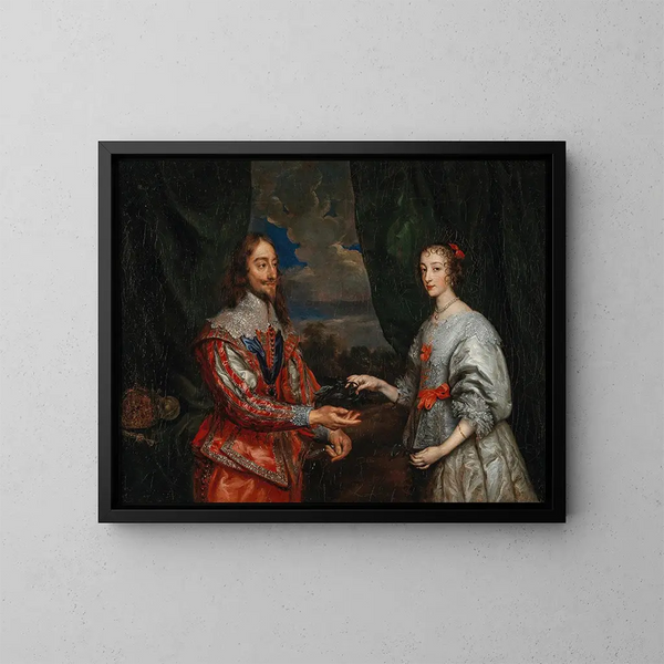 Kuningas Charles I:n ja kuningatar Marie Henrietten muotokuva - Antoine van Dyckin koulu — kehystetty taideteos seinällä