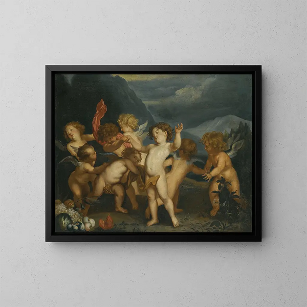 Putti dans un paysage - Ecole d'Antoine van Dyck — kehystetty taideteos seinällä