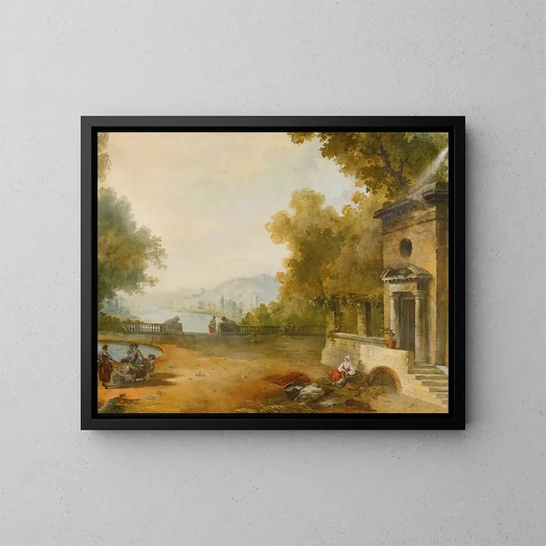 Figures sur une terrasse surplombant un grand lac - Ecole de Hubert Robert — kehystetty taideteos seinällä