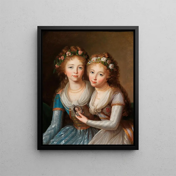 Kaksosportretti suurherttuattaret Alexandra 1783-1801 ja Hélène 1784-1803 Romanov, tsaari Paul I:n tyttäret - Marie-Louise Élisabeth Vigée Le Brunin koulu — kehystetty taideteos seinällä