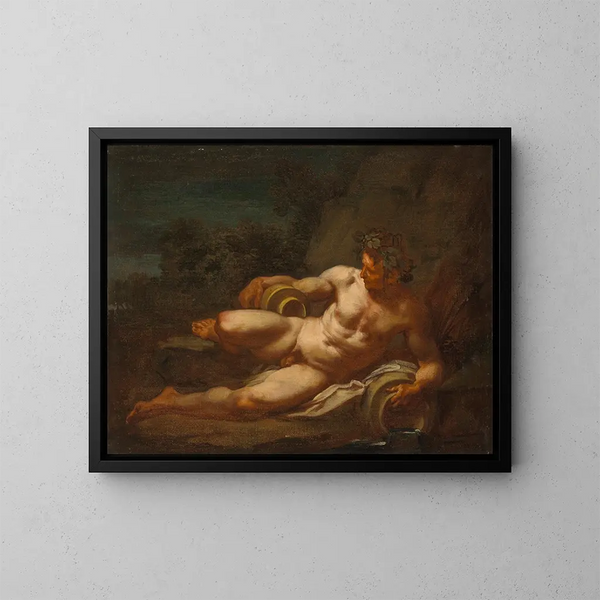 Un dieu fleuve allongé dans un paysage - Ecole de Nicolas Poussin — kehystetty taideteos seinällä