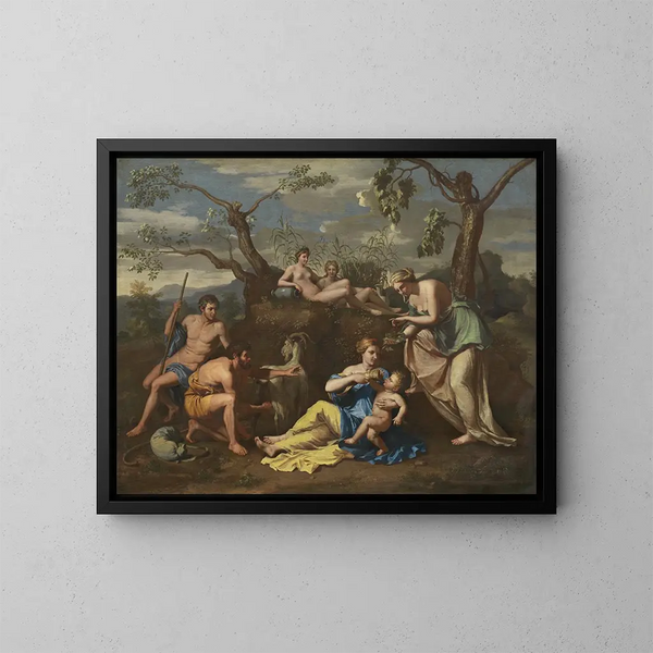 Nymphe nourrissant l'enfant Jupiter - Ecole de Nicolas Poussin — kehystetty taideteos seinällä