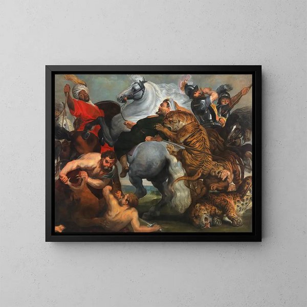 La chasse au tigre, au lion et au léopard - Ecole de Peter Paul Rubens — kehystetty taideteos seinällä