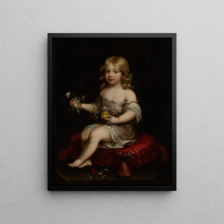 Follower of Pierre Mignard - Portrait of a young boy seated on a cushion holding flowers.webp