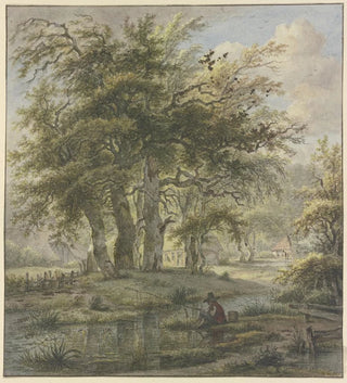 Forêt de chênes avec quelques huttes au premier plan, un pêcheur - Jan Hulswit