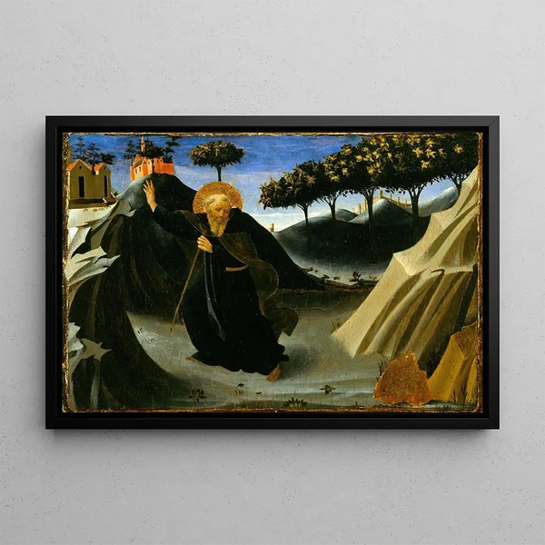 Fra Angelico:n Pyhän Antoine abbedin pakeneva kultamassaa vastaan — kehystetty taideteos seinällä