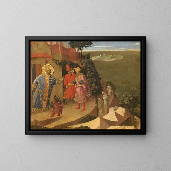 Saint Romuald kieltäytyy päästämästä keisari Otton III:ta kirkkoon - Fra Angelico — kehystetty taideteos seinällä