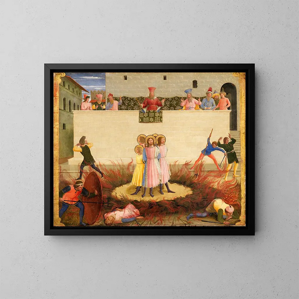 Pyhät Côme ja Damien ja heidän veljensä, jotka selvisivät roviosta - Fra Angelico — kehystetty taideteos seinällä