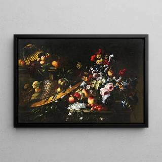 Francesca Vol Smiller - Carnations roses jasmine and other flowers with fruit on golden plates.webp