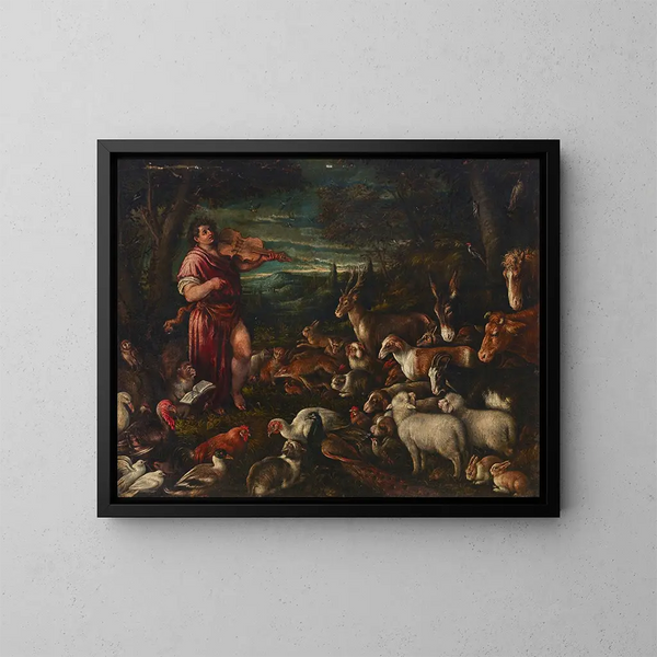 Orfeus hurmaamassa eläimiä - Francesco Bassano vanhempi — kehystetty taideteos seinällä