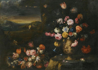 Francesco Caldei - Still Life With Vase Of Flowers In A Coastal Landscape Setting.webp