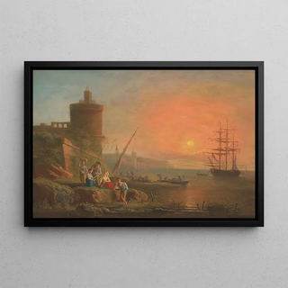 Francesco Fidanza - A coastal landscape at sunset with fisherfolk by the shore.webp
