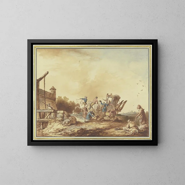 Edessä linnoituksen porttia, matkustajan matkatavarat, jotka pysähtyvät siellä vaunullaan, tutkitaan, oikealla köyhien perhe koiran kanssa. - Francesco Giuseppe Casanova — kehystetty taideteos seinällä