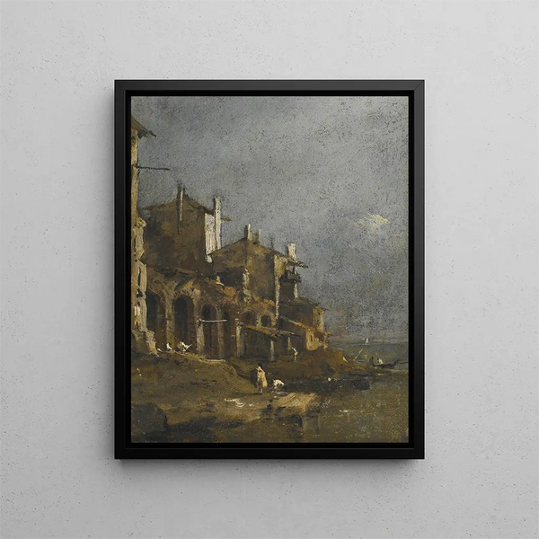 Un paysage côtier de Capriccio avec des personnages sur le rivage sous une arcade - Francesco Guardi — kehystetty taideteos seinällä