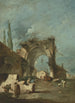 Caprice-arkkitehtuurimaalauksen figuureja raunioituneen kaaren lähellä - Francesco Guardi — näkymä teoksesta