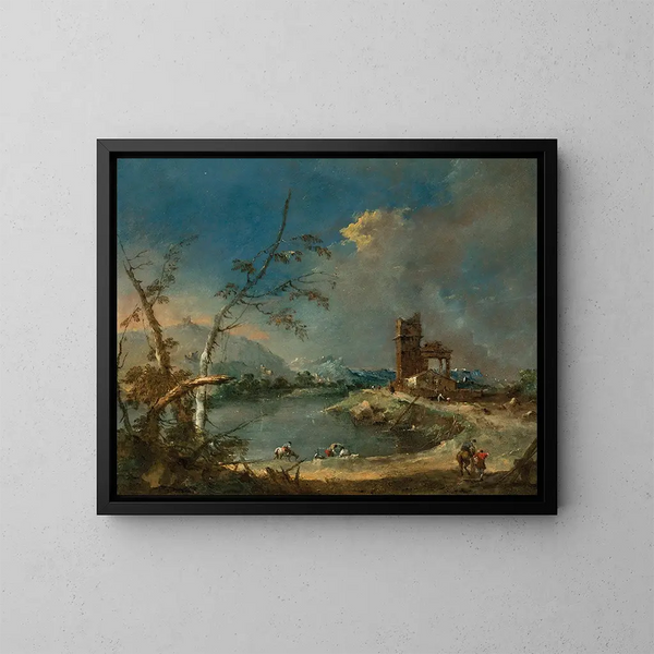 Un caprice d'une tour rustique au bord d'un lac - Francesco Guardi — kehystetty taideteos seinällä