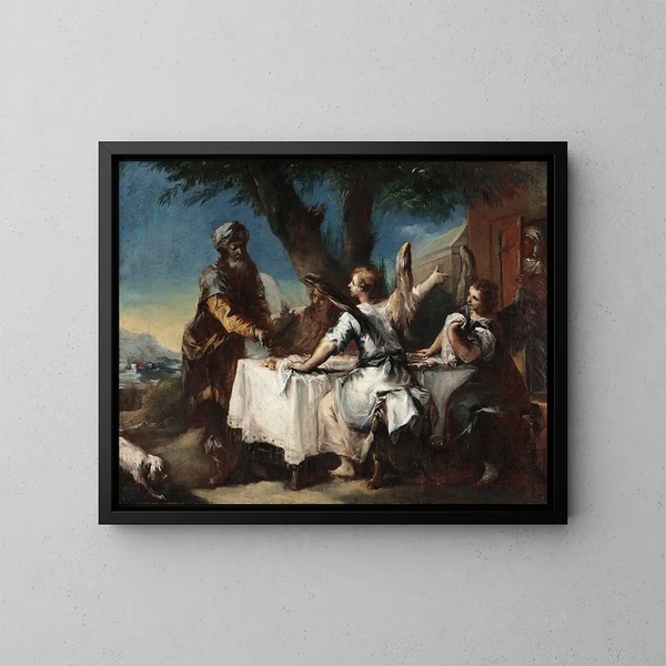 Abraham vastaanottamassa kolmeen enkeliin - Francesco Guardi — kehystetty taideteos seinällä
