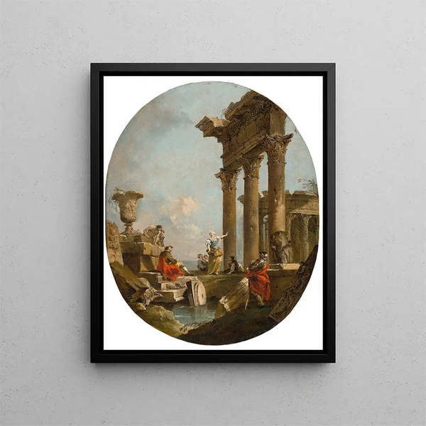 Un caprice architectural avec des personnages parmi des ruines classiques Un temple au-delà - Francesco Guardi — kehystetty taideteos seinällä