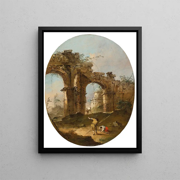 Un caprice architectural avec des figures près d'une arche en ruine - Francesco Guardi — kehystetty taideteos seinällä