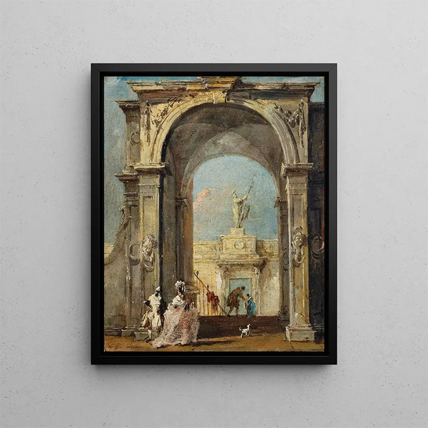 Un caprice architectural avec des personnages élégamment vêtus et un chien à l'entrée d'un palais - Francesco Guardi — kehystetty taideteos seinällä