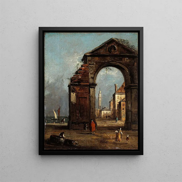 Caprice avec arc triomphal en ruine et paysage du bord de la lagune - Francesco Guardi — kehystetty taideteos seinällä