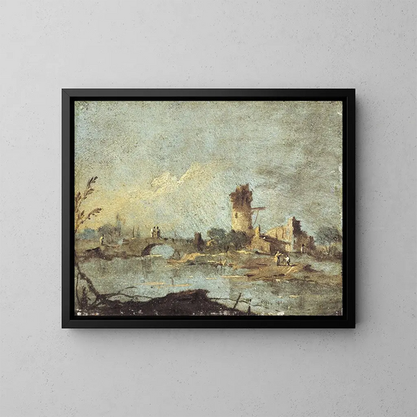 rustiikkinen caprice, jossa on silta ja raunioitunut torni - Francesco Guardi — kehystetty taideteos seinällä