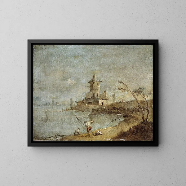 Rustikalisesta caprice-tyylistä vesirannan tornin kanssa - Francesco Guardi — kehystetty taideteos seinällä