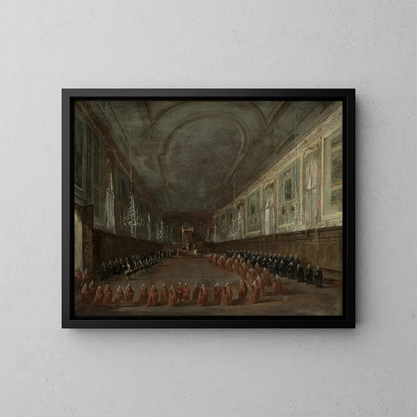 Paavi Pius VI laskeutuu valtaistuimelta hyvästellessään dogea SS Giovanni e Paolo -salissa 1782 - Francesco Guardi — kehystetty taideteos seinällä