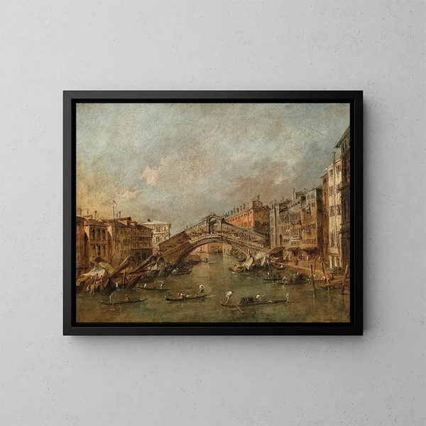 Rialto-sillasta ja Riva del Vinistä Venetsiassa - Francesco Guardi — kehystetty taideteos seinällä