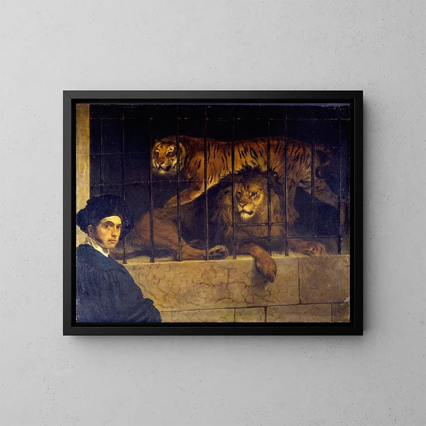 Autoportraimage maalaus tiikerin ja leijonan kanssa - Francesco Hayez — kehystetty taideteos seinällä