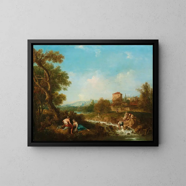 Un paysage arcadien avec des figures près d'un ruisseau et un village au-delà - Francesco Zuccarelli — kehystetty taideteos seinällä