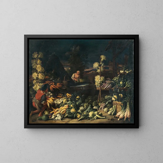 Vendeurs de fruits près d'une fontaine avec des légumes et des fleurs - Francesco della Questa — kehystetty taideteos seinällä